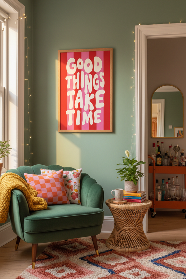 Good Things Take Time Quote Art Print shown framed in a modern room setting