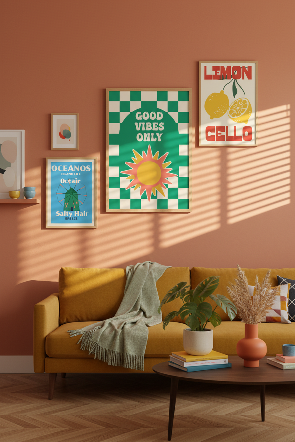 Good Vibes Only Retro Sun Art Print as part of a gallery wall arrangement
