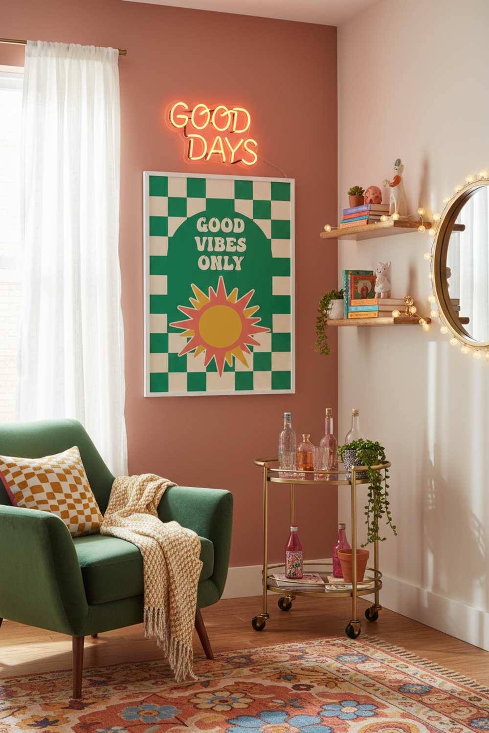 Good Vibes Only Retro Sun Art Print shown framed in a modern room setting