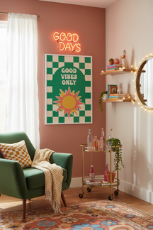 Good Vibes Only Retro Sun Art Print shown framed in a modern room setting