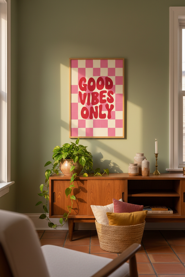 Good Vibes Only Retro Typography Art Print shown framed in a modern room setting