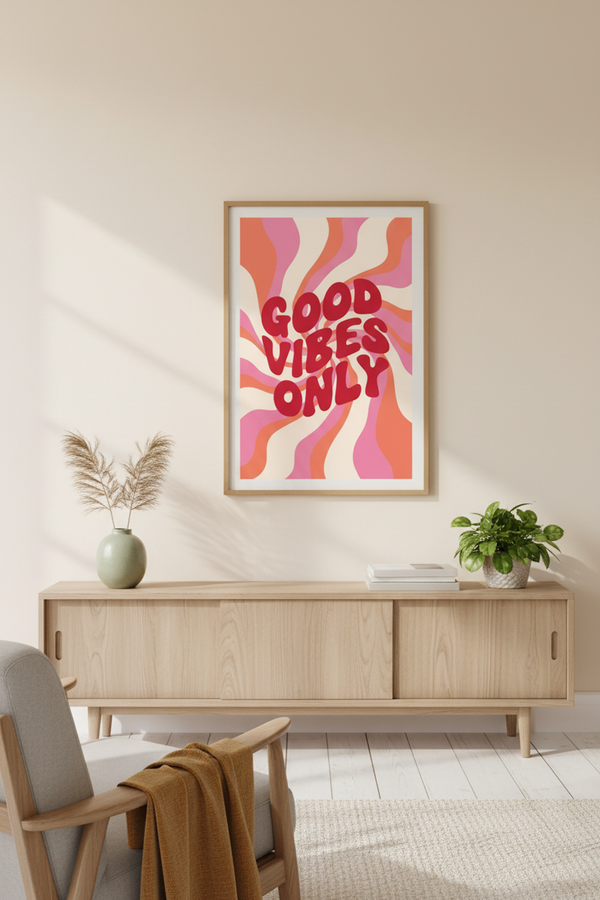 Good Vibes Only Retro Typography Print shown framed in a modern room setting