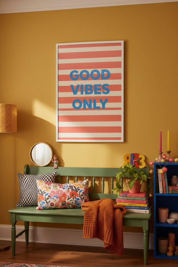 Good Vibes Only Typography Art Print shown framed in a modern room setting