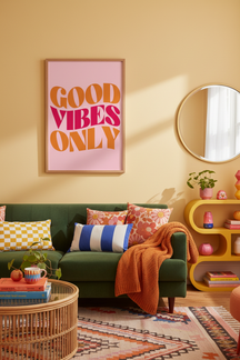 Good Vibes Only Typography Art Print shown framed in a modern room setting