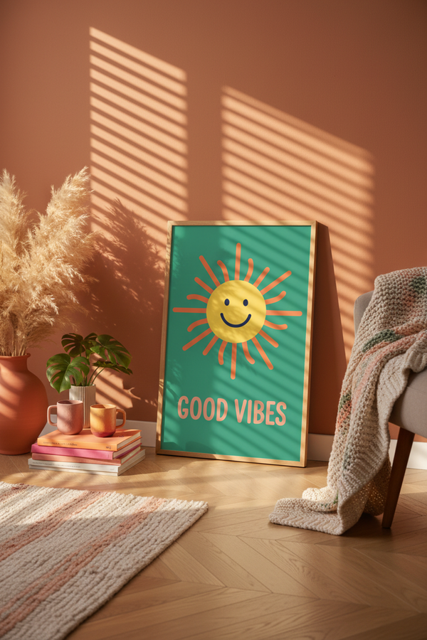 Good Vibes Sun Typography Art Print shown framed in a modern room setting