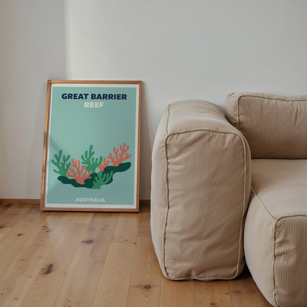 Great Barrier Reef Coral Art Print shown framed in a modern room setting