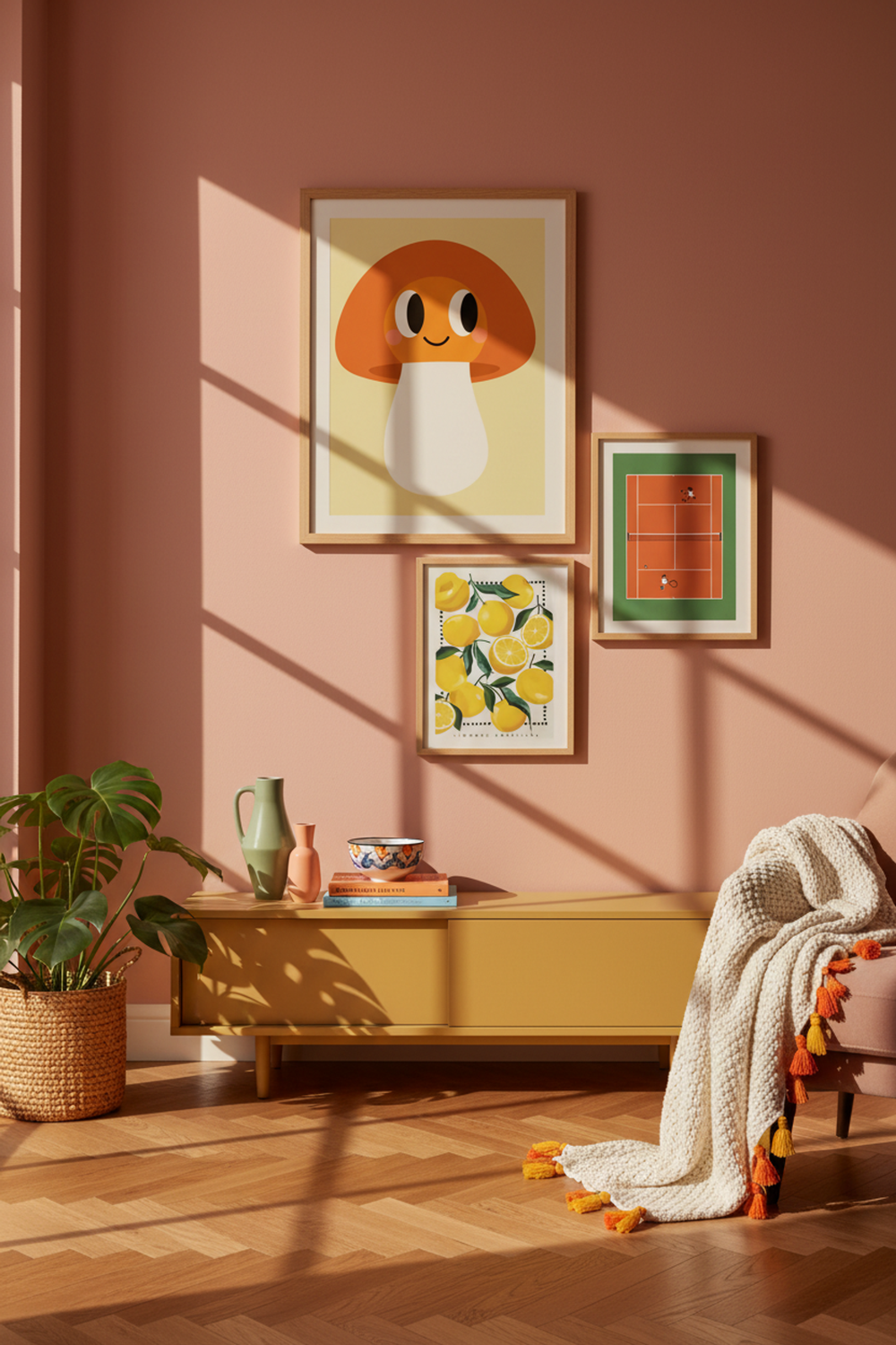 Happy Mushroom - Playful Illustration Wall Art Print as part of a gallery wall arrangement