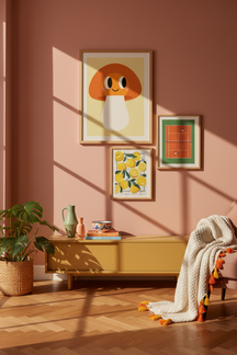 Happy Mushroom - Playful Illustration Wall Art Print as part of a gallery wall arrangement
