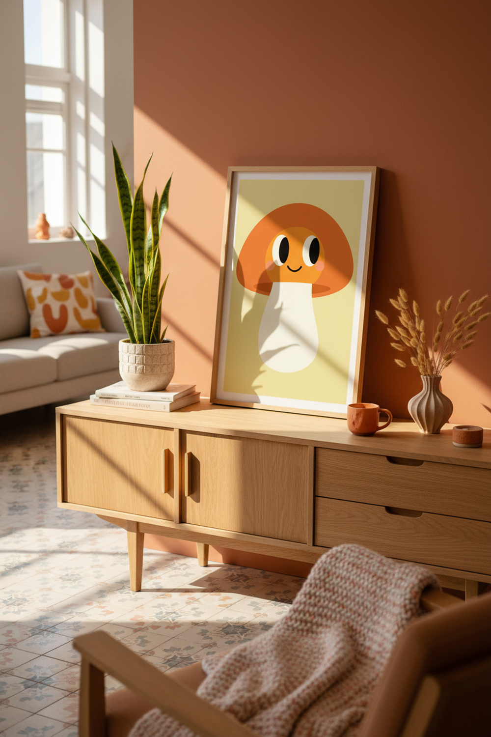 Happy Mushroom - Playful Illustration Wall Art Print shown framed in a modern room setting