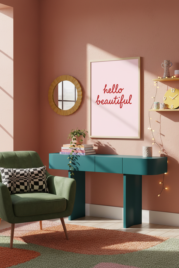 Hello Beautiful Typography Art Print shown framed in a modern room setting