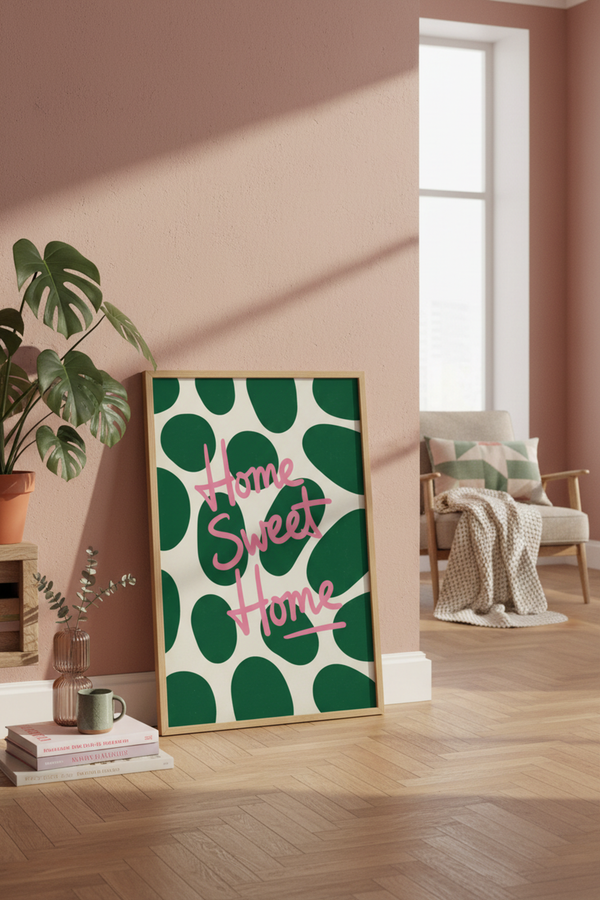 Home Sweet Home Typography Art Print shown framed in a modern room setting
