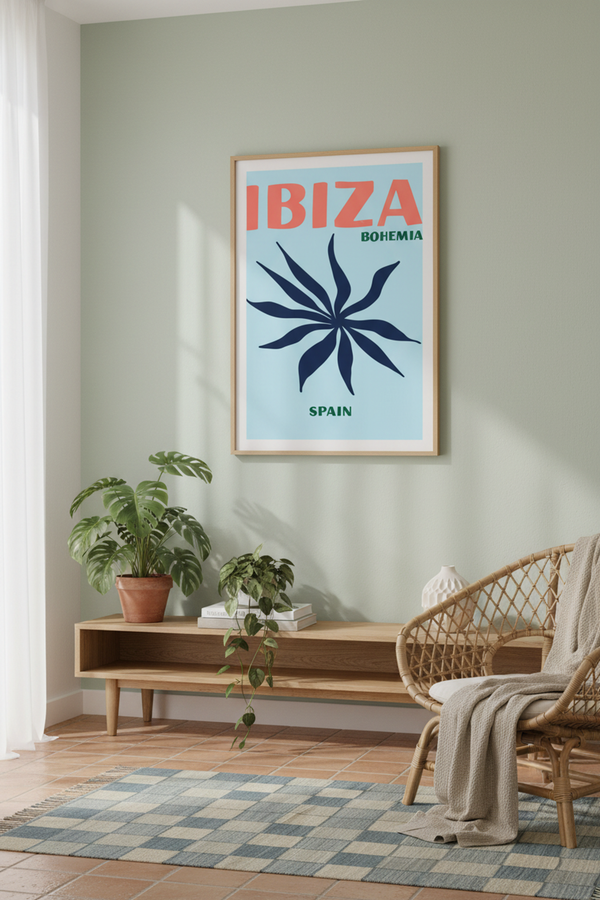 Ibiza Bohemia Travel Art Print shown framed in a modern room setting