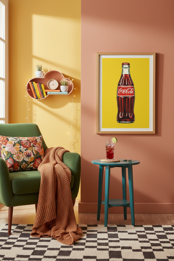 Iconic Coca-Cola Bottle Art Print shown framed in a modern room setting