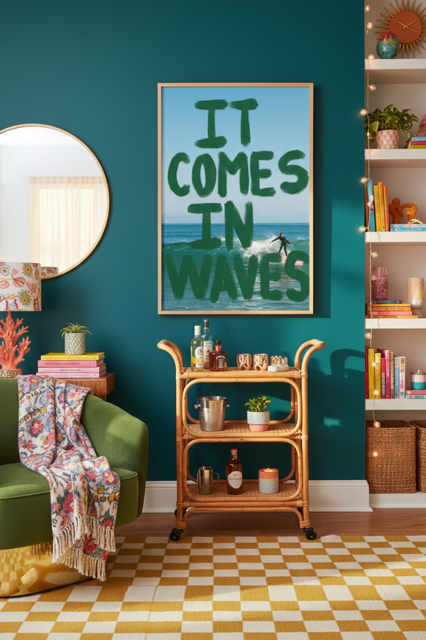 It Comes In Waves Surfing Art Print shown framed in a modern room setting