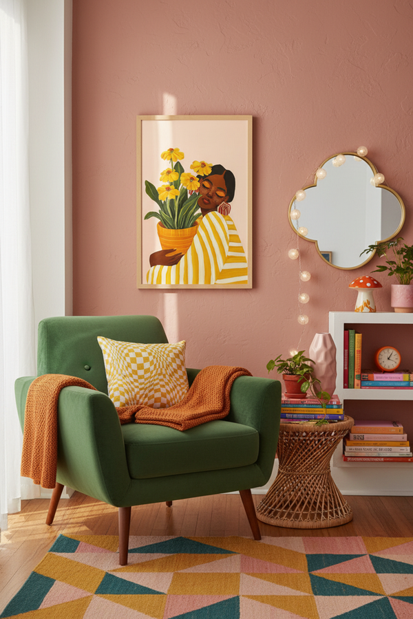 Joyful Floral Embrace Art Print shown framed in a modern room setting