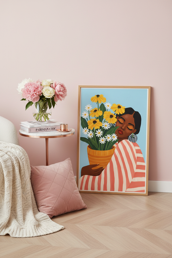 Joyful Floral Embrace Art Print shown framed in a modern room setting