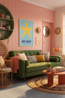 Key West Starfish Travel Art Print shown framed in a modern room setting