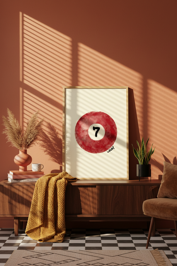 Lucky Red Billiard Ball Art Print shown framed in a modern room setting