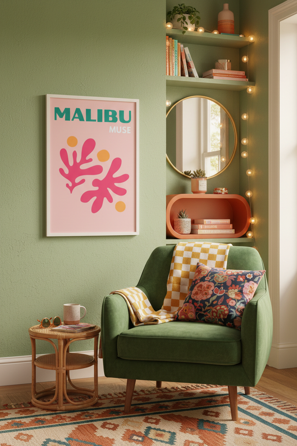 Malibu Muse Abstract Art Print shown framed in a modern room setting