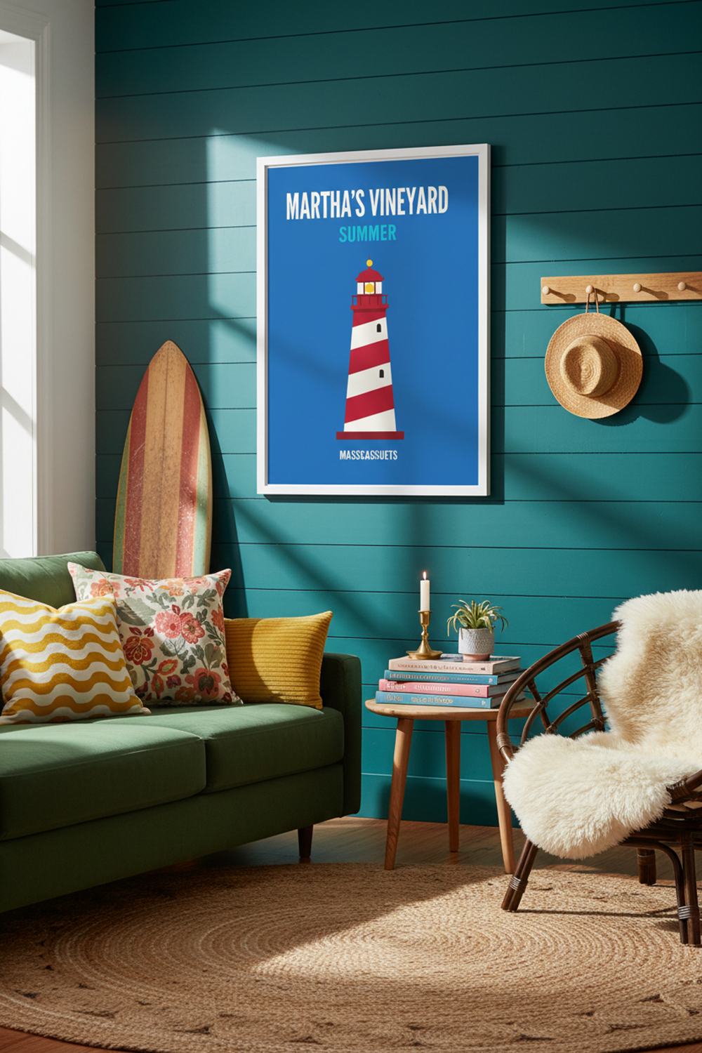 Martha's Vineyard Lighthouse Art Print shown framed in a modern room setting
