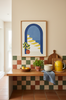 Mediterranean Archway Lemon Tree Art Print shown framed in a modern room setting