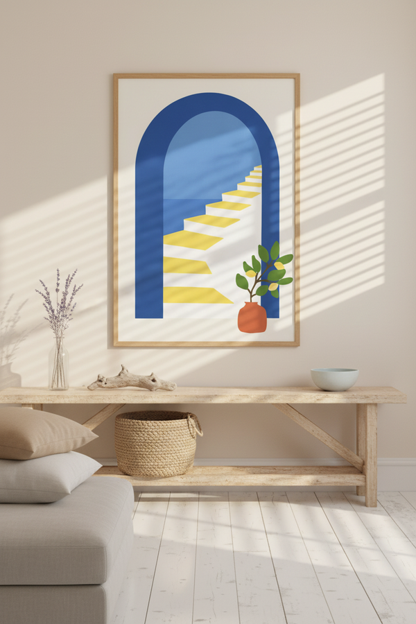Mediterranean Archway Steps Art Print shown framed in a modern room setting