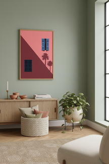 Mediterranean Palm Shadows Art Print shown framed in a modern room setting
