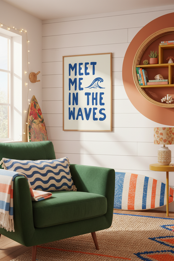 Meet Me In The Waves Typography Art Print shown framed in a modern room setting
