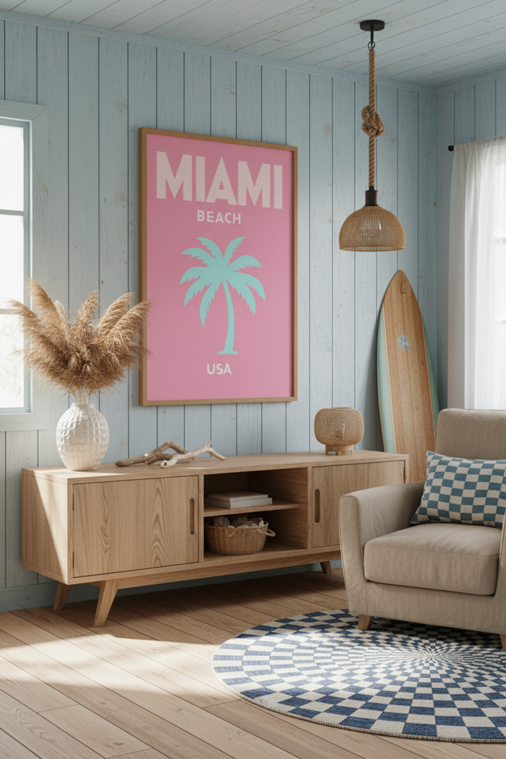 Miami Beach Palm Tree Art Print shown framed in a modern room setting