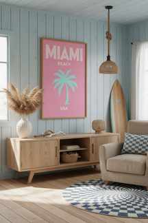 Miami Beach Palm Tree Art Print shown framed in a modern room setting