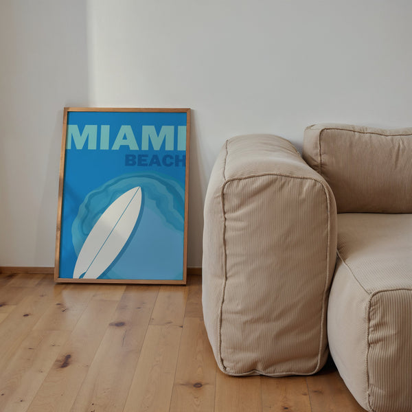 Miami Beach Surfboard Art Print shown framed in a modern room setting