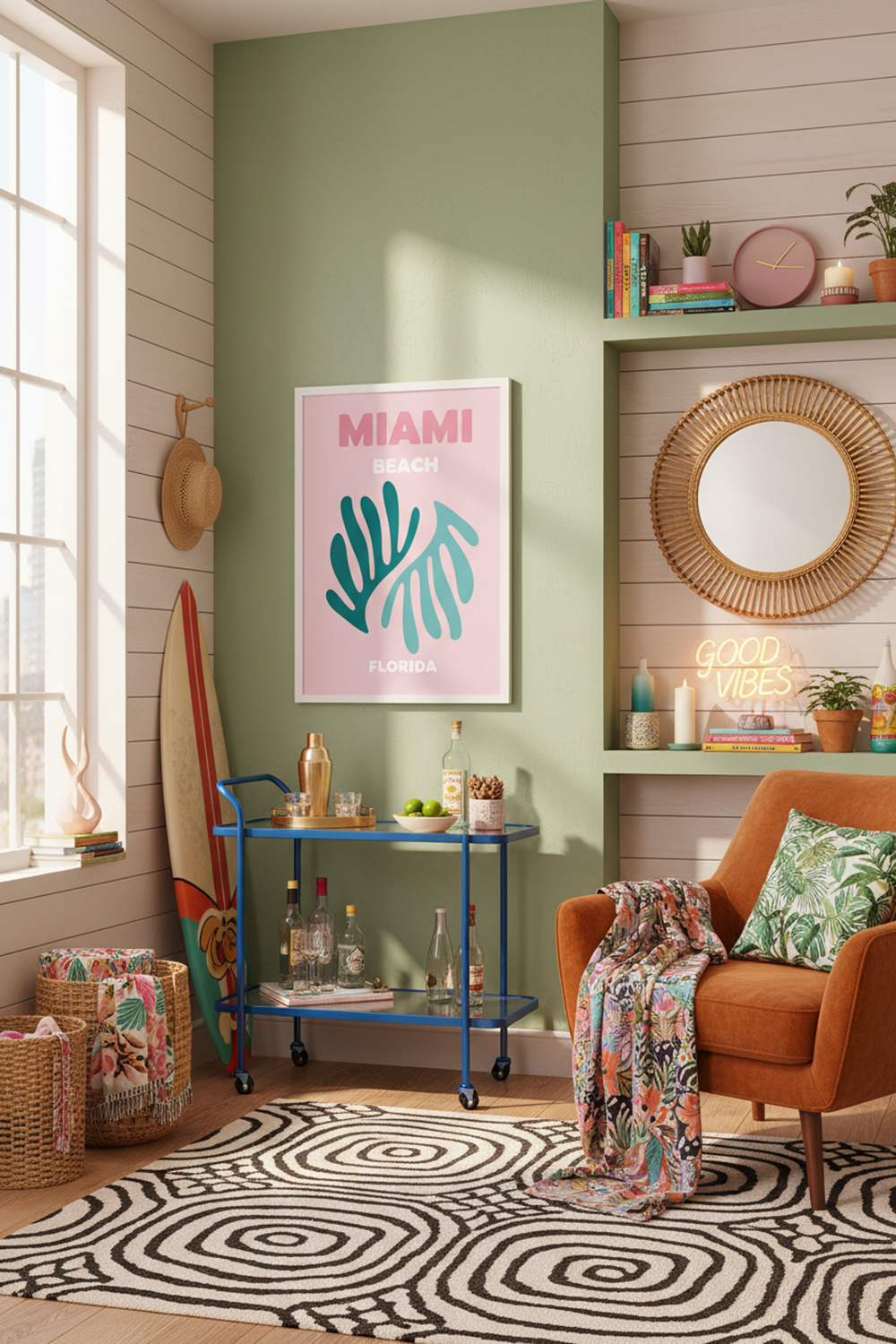 Miami Beach Tropical Leaves Art Print shown framed in a modern room setting