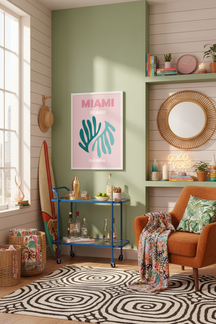 Miami Beach Tropical Leaves Art Print shown framed in a modern room setting