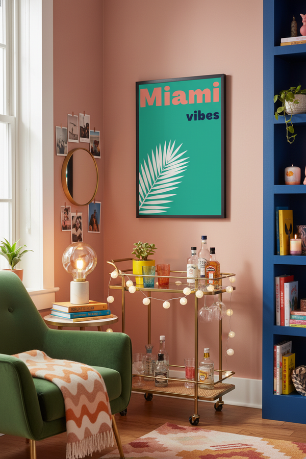 Miami Vibes Palm Leaf Art Print shown framed in a modern room setting