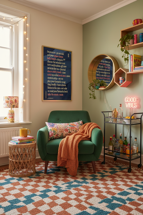 Mindful Living Typography Art Print shown framed in a modern room setting