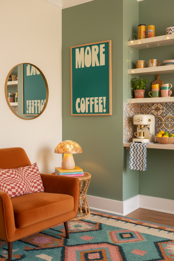More Coffee! Typography Art Print shown framed in a modern room setting