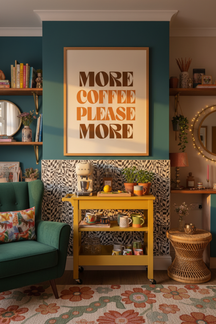 More Coffee Please Typography Art Print shown framed in a modern room setting