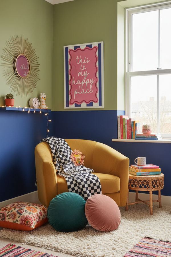 My Happy Place Typography Art Print shown framed in a modern room setting