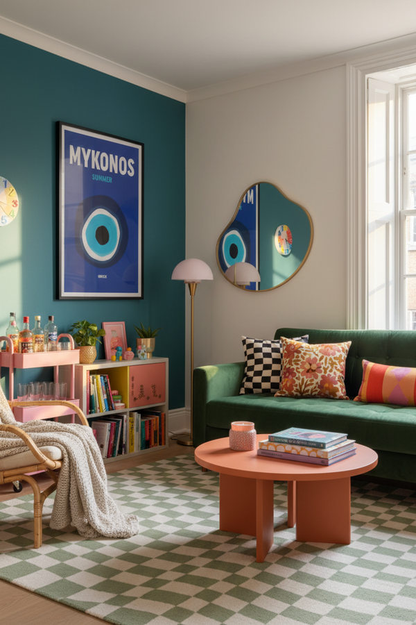 Mykonos Evil Eye Travel Art Print shown framed in a modern room setting
