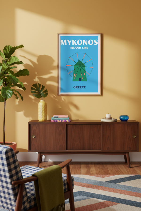 Mykonos Windmill Travel Art Print shown framed in a modern room setting