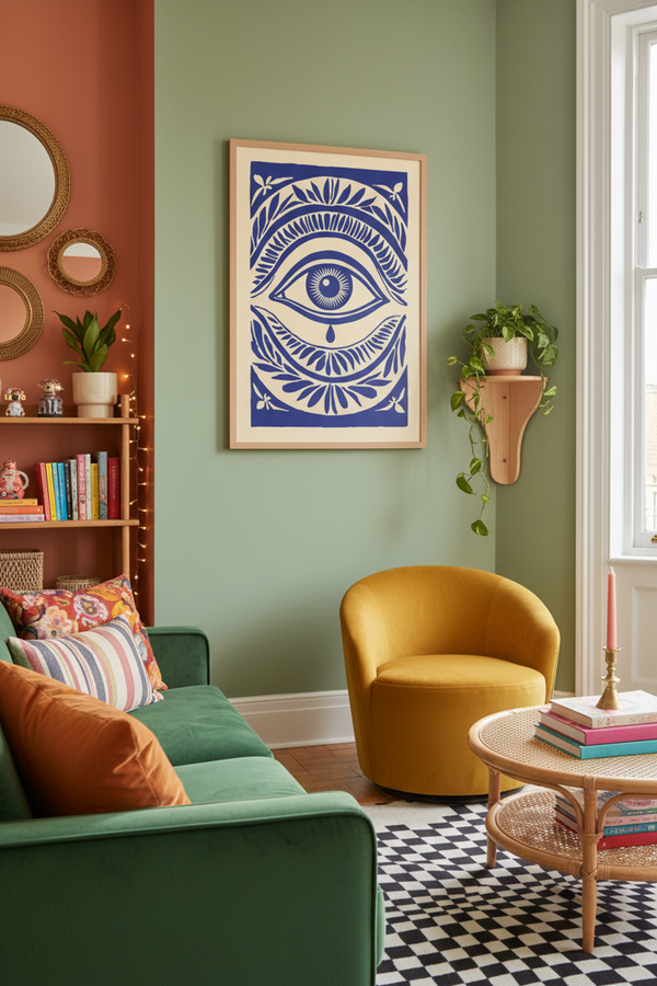 Mystic Eye Botanical Art Print shown framed in a modern room setting