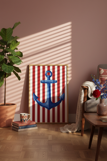 Nautical Anchor Stripe Art Print shown framed in a modern room setting