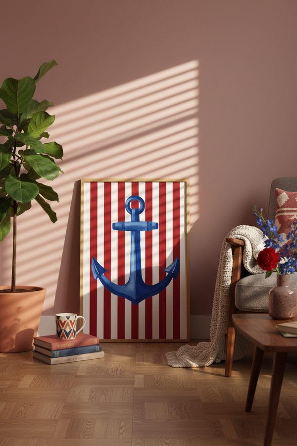 Nautical Anchor Stripe Art Print shown framed in a modern room setting