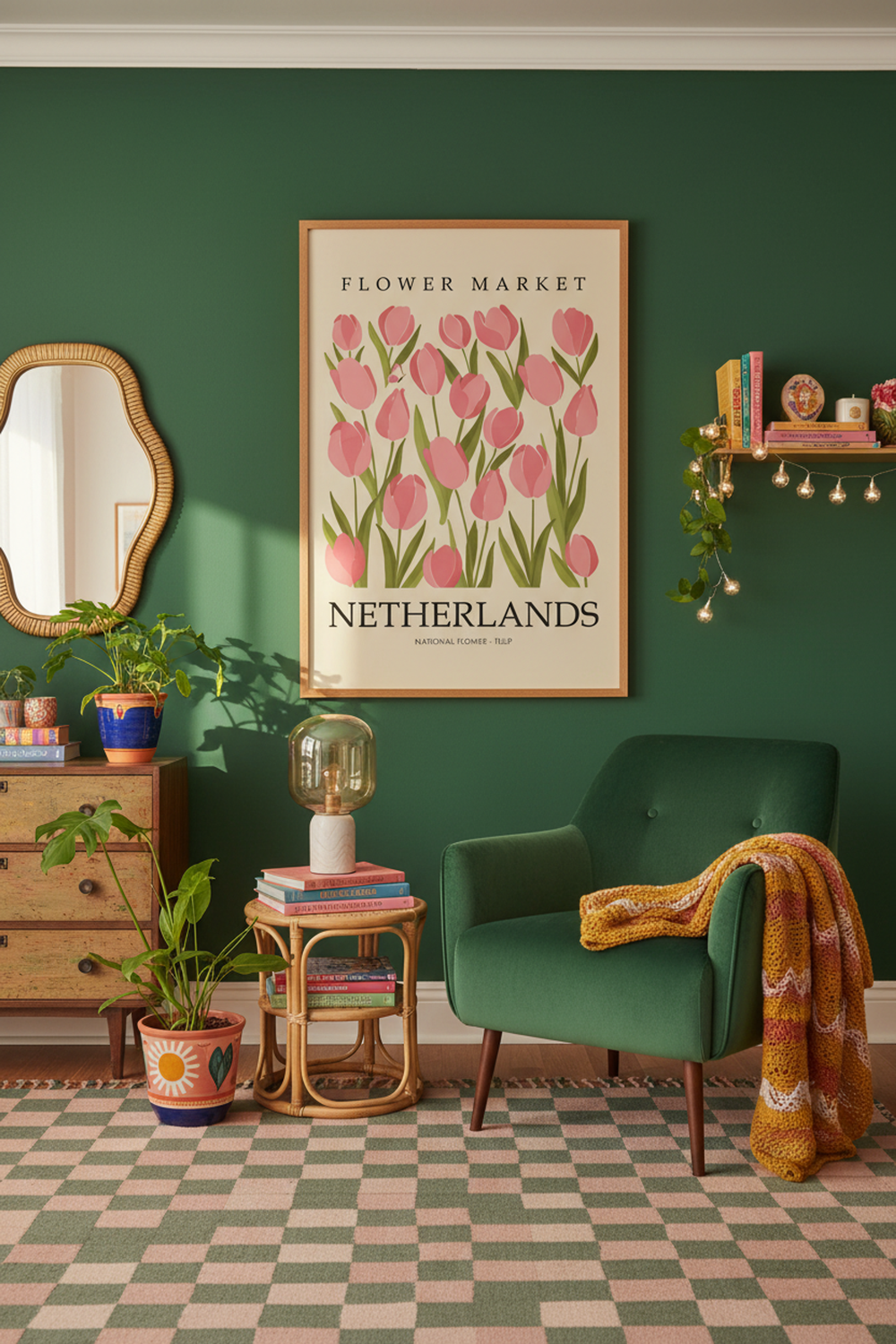 Netherlands Tulip Flower Market Print shown framed in a modern room setting