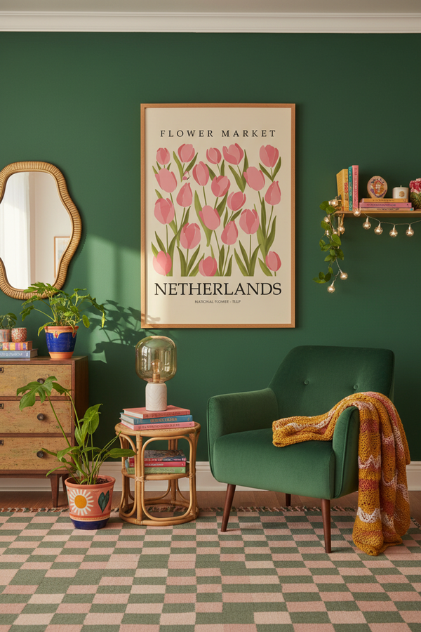 Netherlands Tulip Flower Market Print shown framed in a modern room setting