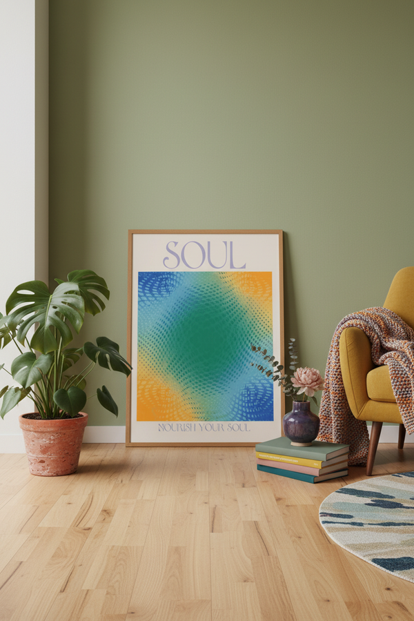 Nourish Your Soul Aura Art Print shown framed in a modern room setting