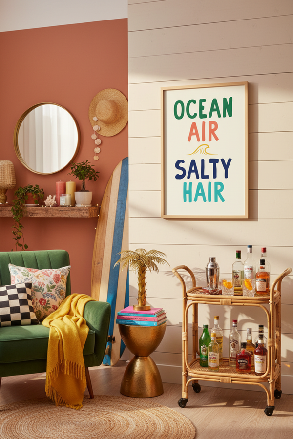 Ocean Air Salty Hair Typography Art Print shown framed in a modern room setting