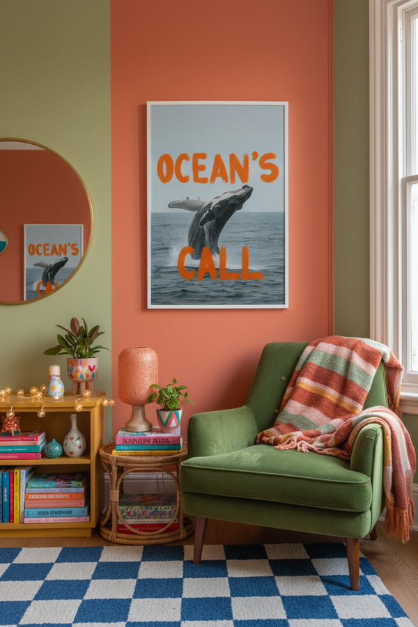 Ocean's Call Whale Photography Print shown framed in a modern room setting