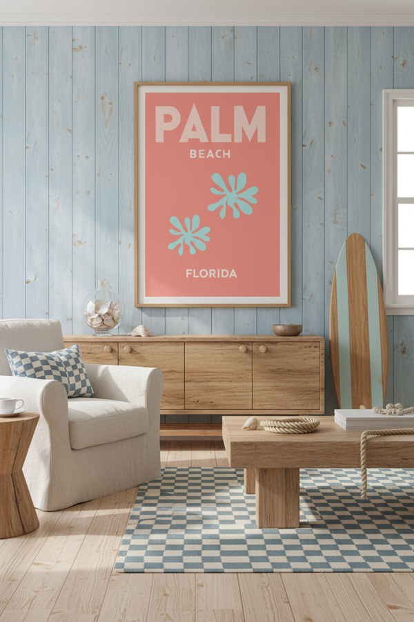 Palm Beach Florida Travel Art Print shown framed in a modern room setting