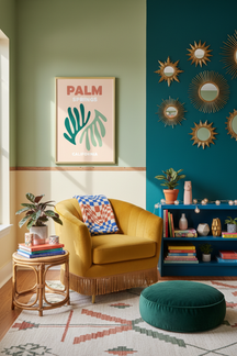 Palm Springs Tropical Leaf Art Print shown framed in a modern room setting